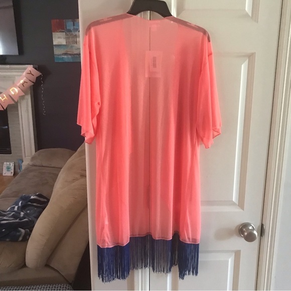 Lularoe Monroe Pink royal blue Fringed sheer patterned coral cover up new NWT - Picture 3 of 8